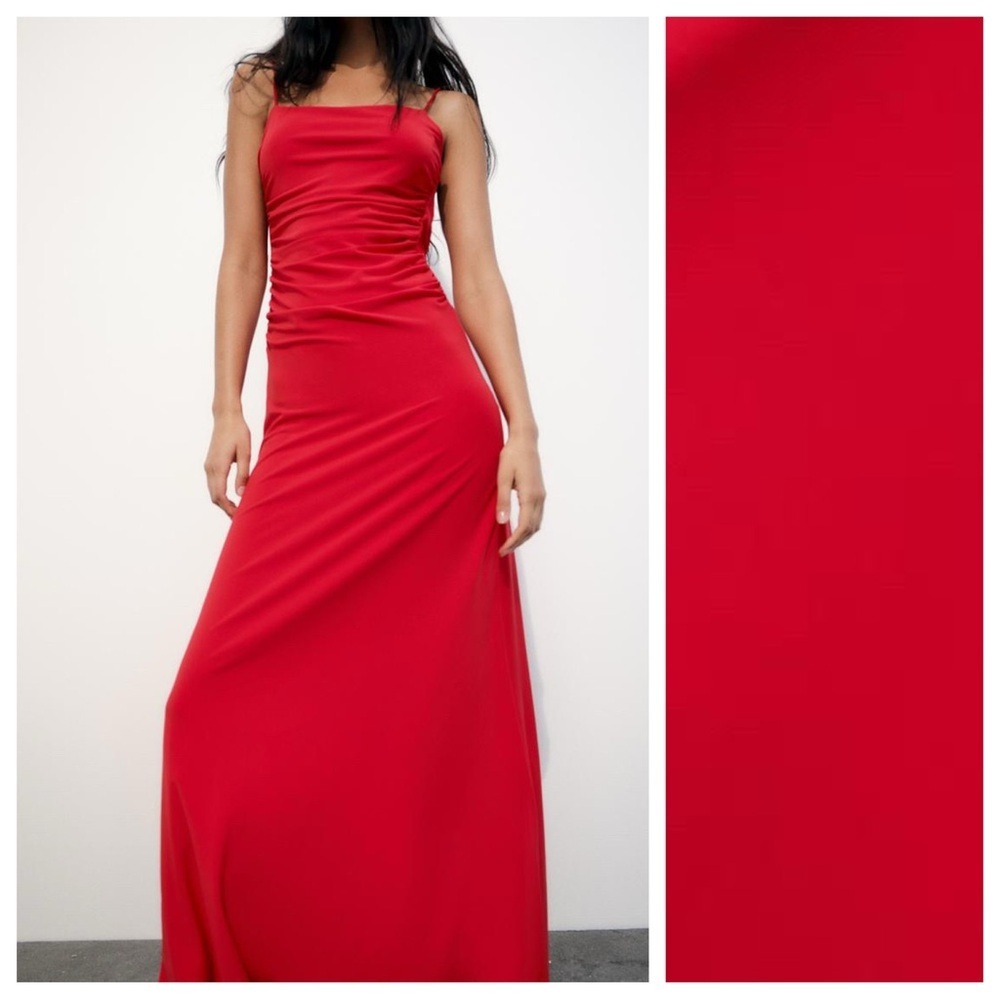 NWT. Zara Intense Red Draped Lingerie-Style Midi Dress. Size S. - Picture 2 of 14